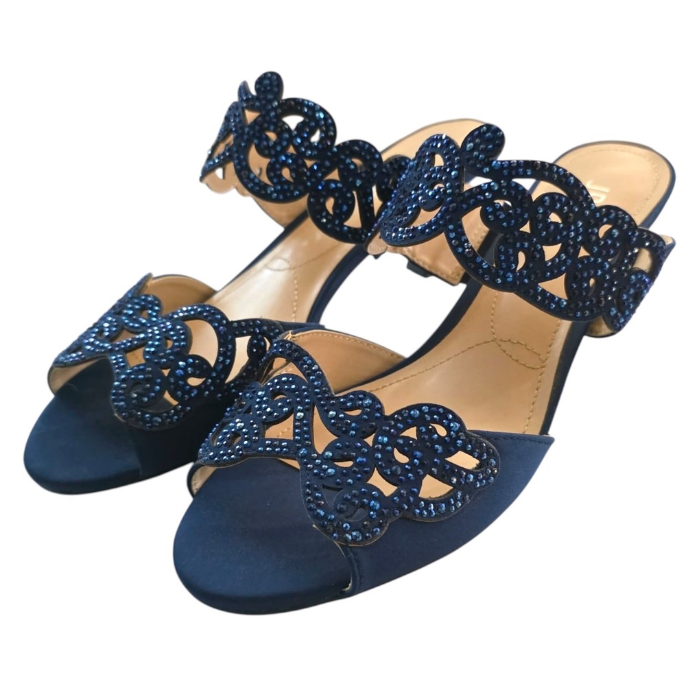 J. Renee Womens Navy Blue Satin Rhinestone Kitten Heel 10W Foemal Shoes